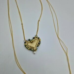 Κολιέ Δερμάτινη καρδιά 3 σε 1 - χρυσό μαύρο μεταλλιζέ - καρδιά, χάντρες, ατσάλι, seed beads - 3