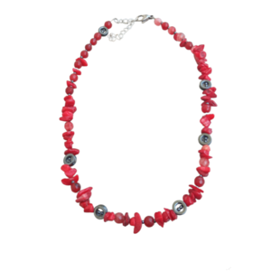 Κολιέ με ημιπολύτιμες πέτρες τσιπς κοραλί και νεφρίτη σε κόκκινο χρώμα - ημιπολύτιμες πέτρες, χάντρες, κοντά, ατσάλι