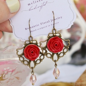 Red Vintage Roses | Χειροποίητα vintage σκουλαρίκια (5,5εκ.) - vintage, πηλός, λουλούδι, μπρούντζος, κρεμαστά - 3