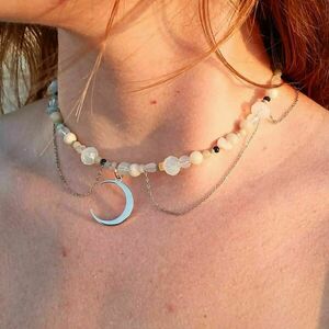 Boho choker με φεγγαρόπετρες, αλυσιδάκια και κρεμαστό στοιχείο φεγγάρι - light blue - ημιπολύτιμες πέτρες, φεγγαρόπετρα, τσόκερ, boho - 5