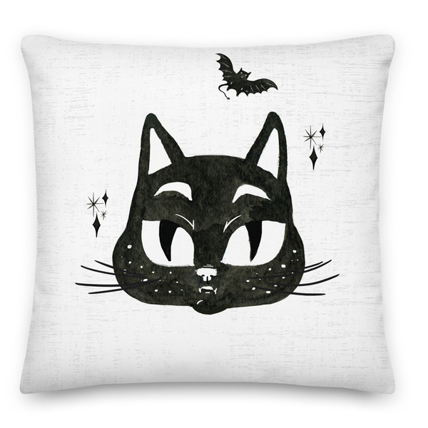 Θήκη για μαξιλάρι διακοσμητικό μαύρη γάτα βαμπίρ Halloween - χωρίς γέμισμα - 45x45 εκ.100% Polyester - Looloo & Co - halloween, μαξιλάρια