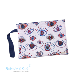 Τσαντάκι white evil eyes 22x31 εκ - ύφασμα, clutch, all day, evil eye, χειρός - 2