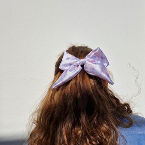 Υφασμάτινος Φιόγκος για τα μαλλιά - καρό ροζ λιλά - ύφασμα, hair clips, satin scrunchie - 5