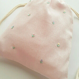 Τσάντα πουγκί ροζ "τουλίπες" κεντημένες. - ύφασμα, πουγκί, πλάτης, φλοράλ, all day - 3