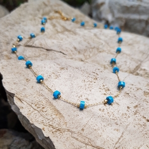 Κοντό Κολιέ Ροζάριο με Μπλε Χαολίτη και ατσάλινη χρυσή αλυσίδα 40εκ. - ημιπολύτιμες πέτρες, κοντά, ατσάλι, ροζάριο, μπλε χάντρα
