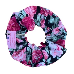 Scrunchie Μαύρο Φλοράλ - ύφασμα, λουλούδια, για τα μαλλιά, δώρα για γυναίκες, λαστιχάκια μαλλιών