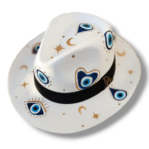 Ψάθινο καπέλο-Panama style-blue eyes - ζωγραφισμένα στο χέρι, απαραίτητα καλοκαιρινά αξεσουάρ, boho, ψάθινα