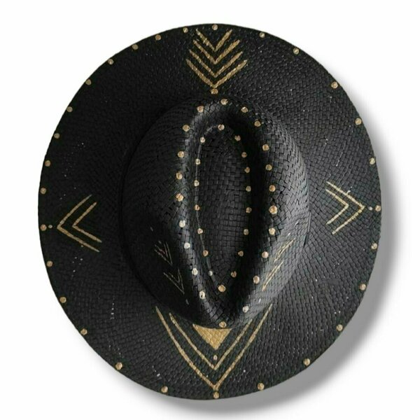 Ψάθινο καπέλο-Panama style-Black/Gold Arrows - ζωγραφισμένα στο χέρι, απαραίτητα καλοκαιρινά αξεσουάρ, boho, ψάθινα - 2