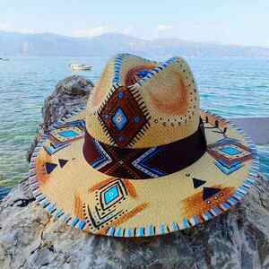 Ψάθινο καπέλο-Panama style-Light Brown/Blue - ζωγραφισμένα στο χέρι, απαραίτητα καλοκαιρινά αξεσουάρ, boho, ψάθινα - 3