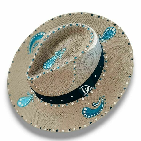 Ψάθινο καπέλο-Panama style-Grey/Water Splash - ζωγραφισμένα στο χέρι, απαραίτητα καλοκαιρινά αξεσουάρ, boho, ψάθινα