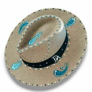 Ψάθινο καπέλο-Panama style-Grey/Water Splash - ζωγραφισμένα στο χέρι, απαραίτητα καλοκαιρινά αξεσουάρ, boho, ψάθινα