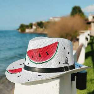 Ψάθινο καπέλο-Panama style-Watermelon - ζωγραφισμένα στο χέρι, καρπούζι, απαραίτητα καλοκαιρινά αξεσουάρ, ψάθινα - 2