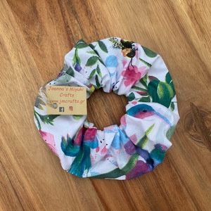 Scrunchie Πουλάκια και Λουλούδια - ύφασμα, λουλούδια, για τα μαλλιά, δώρα για γυναίκες, λαστιχάκια μαλλιών - 2