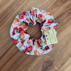 Scrunchie Πορτοκαλί Άνθη - ύφασμα, λουλούδια, για τα μαλλιά, δώρα για γυναίκες, λαστιχάκια μαλλιών - 2