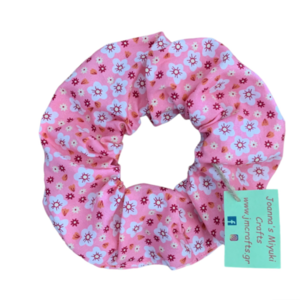 Scrunchie XL Λουλούδια Ροζ - ύφασμα, για τα μαλλιά, δώρα για γυναίκες, λαστιχάκια μαλλιών