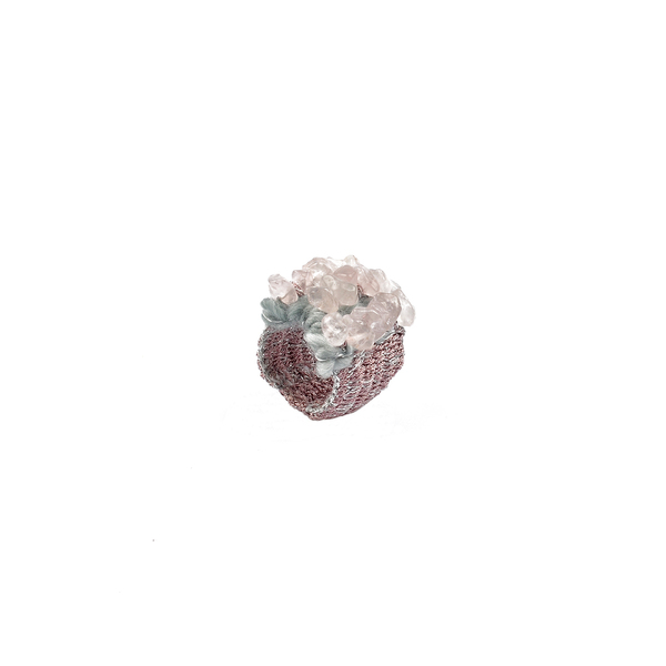 ATHINA MAILI - Υφαντό φαρδύ δαχτυλίδι με ημιπολύτιμες πέτρες ροζ χαλαζία - ημιπολύτιμες πέτρες, χειροποίητα, boho, μεγάλα - 2