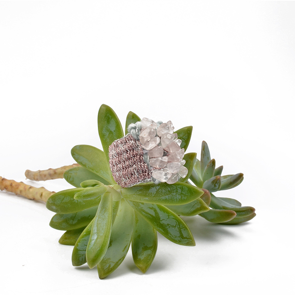 ATHINA MAILI - Υφαντό φαρδύ δαχτυλίδι με ημιπολύτιμες πέτρες ροζ χαλαζία - ημιπολύτιμες πέτρες, χειροποίητα, boho, μεγάλα - 3