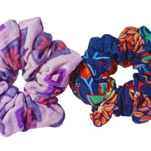Σετ 2 χειροποίητα scrunchies - λαστιχάκια - αξεσουάρ μαλλιών "blue floral & purple" - ύφασμα, λαστιχάκια μαλλιών