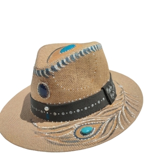 " PEACOCK FEATHERS" Καπέλο σε χρώμα ταμπά τύπου Πανάμα ζωγραφισμένο στο χέρι - ψάθινα - 2