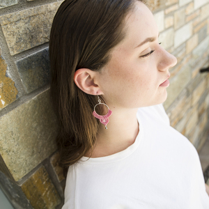 Ροζ Σκουλαρίκια, μακριά, με λευκή ακουαμαρίνα , 7,5 εκ - ημιπολύτιμες πέτρες, μακραμέ, boho, κρεμαστά, μεγάλα - 2