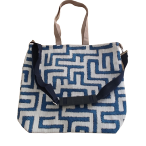 Τσάντα Ώμου Υφασμάτινη tote bag Λαβύρινθος Ασπρο-Μπλε - ύφασμα, ώμου, χιαστί, μεγάλες, tote