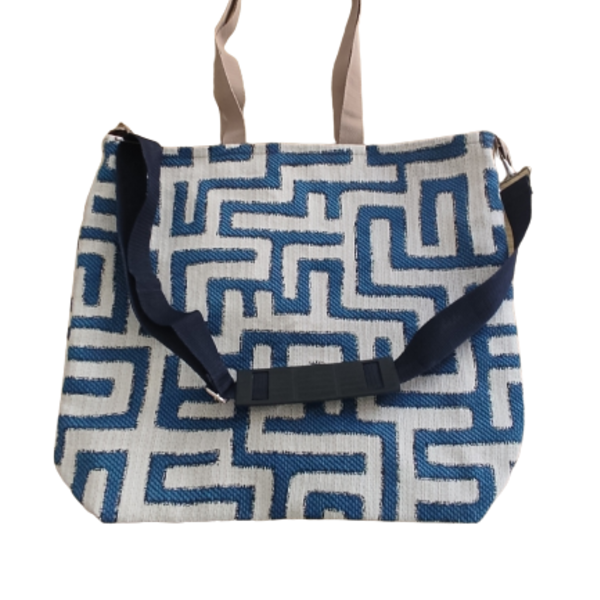 Τσάντα Ώμου Υφασμάτινη tote bag Λαβύρινθος Ασπρο-Μπλε - ύφασμα, ώμου, χιαστί, μεγάλες, tote - 3