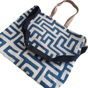 Τσάντα Ώμου Υφασμάτινη tote bag Λαβύρινθος Ασπρο-Μπλε - ύφασμα, ώμου, χιαστί, μεγάλες, tote - 4