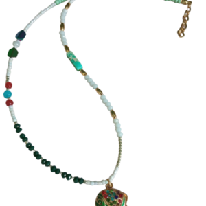 Κολιέ με πράσινο ελεφαντάκι - ημιπολύτιμες πέτρες, γυαλί, ορείχαλκος, ατσάλι