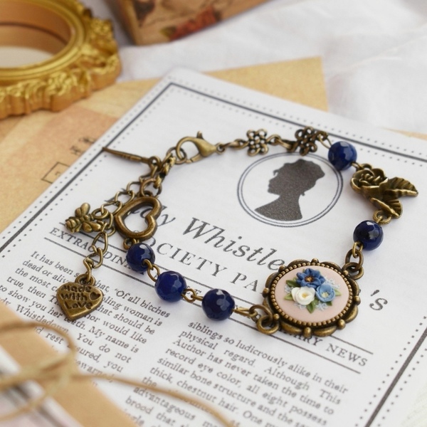 Viscountess | Vintage Χειροποίητο Μπλε Βραχιόλι - charms, πηλός, μπρούντζος, χεριού, αυξομειούμενα