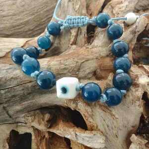 Βραχιόλι μπλε αχάτες - ημιπολύτιμες πέτρες, αχάτης, χειροποίητα, μάτι, χεριού