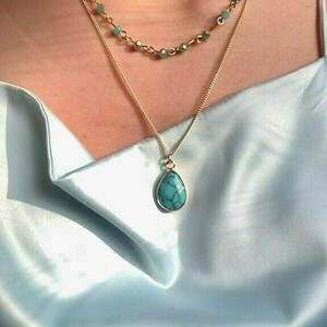 Blue Stone - κοντά, ατσάλι, μπλε χάντρα, μενταγιόν