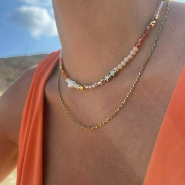 Short Orange Almmar Necklace with Beads, Pearls and Hematite - ημιπολύτιμες πέτρες, αστέρι, κοντά, πέρλες, seed beads - 2