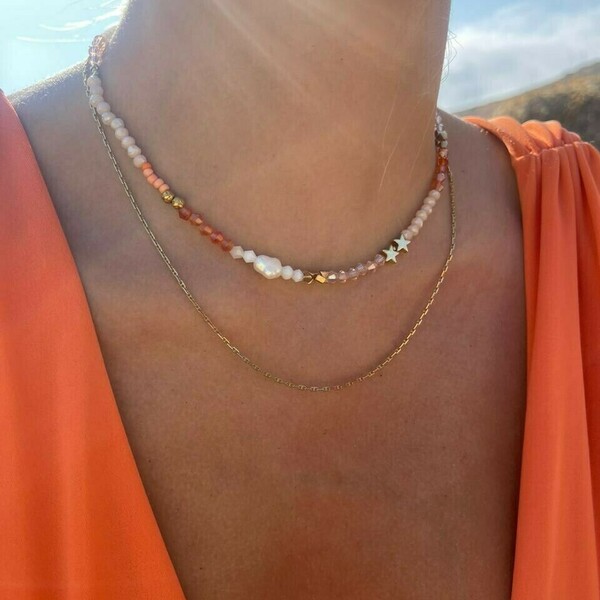 Short Orange Almmar Necklace with Beads, Pearls and Hematite - ημιπολύτιμες πέτρες, αστέρι, κοντά, πέρλες, seed beads