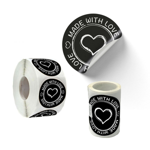Removable Αυτοκόλλητες Αδιάβροχες Ετικέτες Καρδιά "Made with Love" Στρογγυλές Υψηλής Ποιότητας & Αντοχής 25 τμχ σε Μαύρο/Λευκό Χρώμα 5cm - αυτοκόλλητα, καρτελάκια
