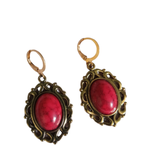 Κόκκινα σκουλαρίκια με κόκκινες πέτρες - ορείχαλκος, μικρά, κρεμαστά, γάντζος
