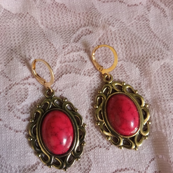 Κόκκινα σκουλαρίκια με κόκκινες πέτρες - ορείχαλκος, μικρά, κρεμαστά, γάντζος - 2