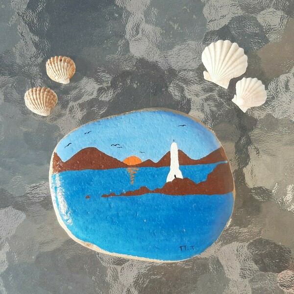 Πέτρα ζωγραφισμένη - Φάρος & Θάλασσα - πέτρα, διακοσμητικές πέτρες - 2