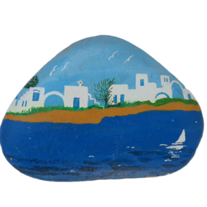 Πέτρα ζωγραφισμένη - Κυκλαδίτικο Τοπίο - πέτρα, σπίτι, διακοσμητικές πέτρες