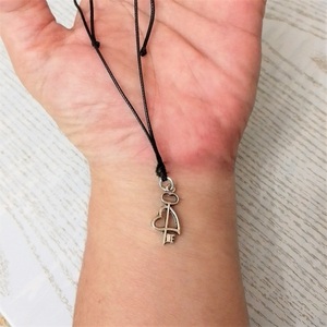 Cord necklace μαύρο, κλειδί με καρδιά - ορείχαλκος, καρδιά, κοντά, boho, δώρα για γυναίκες - 5
