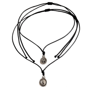 Cord necklace μαύρο διπλής όψεως, με το Γιν-Γιανγκ και το σήμα της Ειρήνης, 33εκ. - ορείχαλκος, minimal, κοντά, boho
