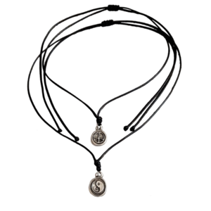 Cord necklace μαύρο διπλής όψεως, με το Γιν-Γιανγκ και το σήμα της Ειρήνης - ορείχαλκος, minimal, κοντά, boho