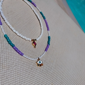 Πολύχρωμο κολιέ με επίχρυσο ματάκι - charms, επιχρυσωμένα, μάτι, χάντρες, seed beads - 3