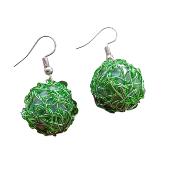Wire crochet πράσινα στρογγυλά σκουλαρίκια - χαλκός, μικρά, κρεμαστά, γάντζος, πλεκτά