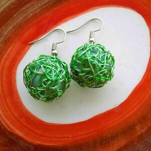 Wire crochet πράσινα στρογγυλά σκουλαρίκια - χαλκός, μικρά, κρεμαστά, γάντζος, πλεκτά - 5