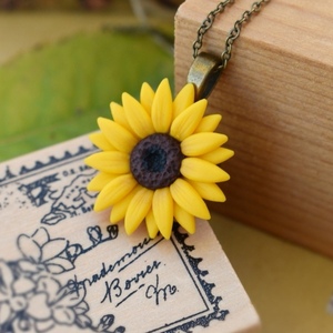 Sunflower | Μενταγιόν Ηλιοτρόπιο (Πολυμερικός Πηλός, Μπρούντζος) (Μήκος 40cm + 5cm) - charms, κοντά, λουλούδι, μπρούντζος, αυξομειούμενα