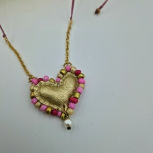 Κολιέ Δερμάτινη καρδιά 3 σε 1 - ροζ χρυσό - δέρμα, καρδιά, χάντρες, ατσάλι, seed beads