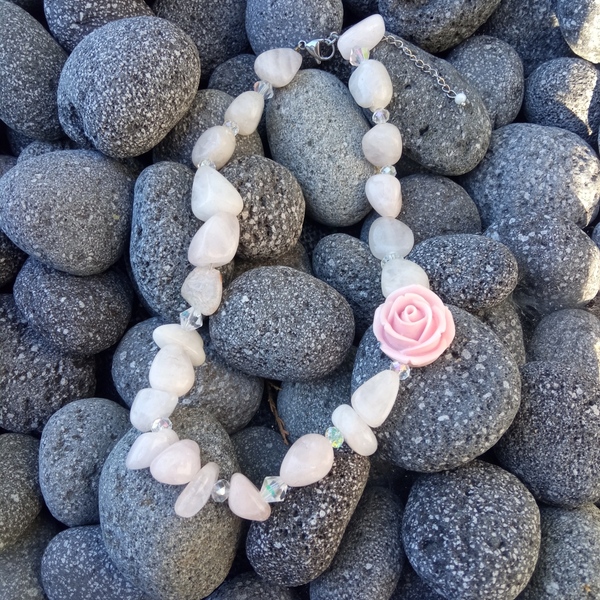 Κολιέ ροζ χαλαζίας - ημιπολύτιμες πέτρες, κοντά, λουλούδι, ατσάλι, μεγάλα - 2