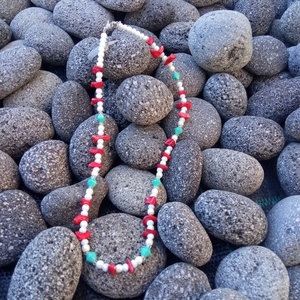 Κοντό κολιέ με πέρλες και τσιπς κόκκινο - ημιπολύτιμες πέτρες, γυαλί, κοντά, ατσάλι, πέρλες - 2