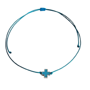 Cord necklace τυρκουάζ, σταυρός μεταλλικός με τυρκουάζ σμάλτο - ορείχαλκος, σταυρός, minimal, κοντά, boho