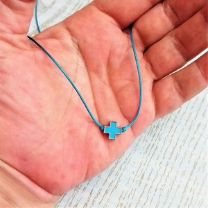 Cord necklace τυρκουάζ, σταυρός μεταλλικός με τυρκουάζ σμάλτο - ορείχαλκος, σταυρός, minimal, κοντά, boho - 5